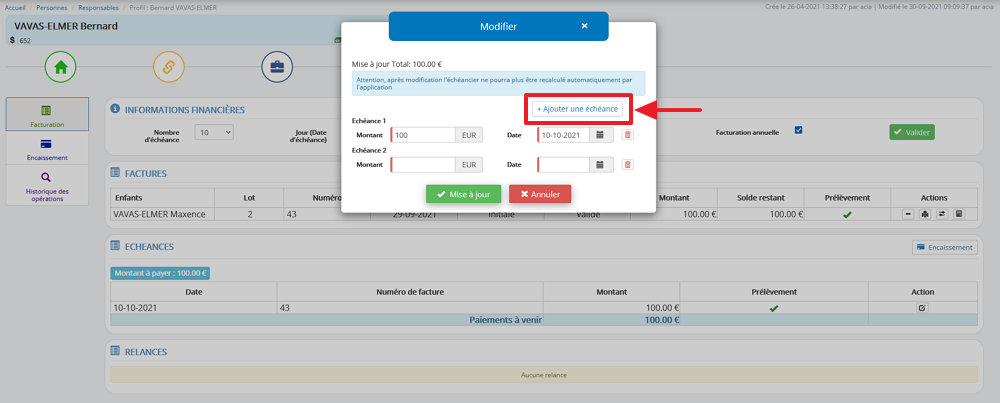 ajouter une échéance de paiement - gestion financière skolengo