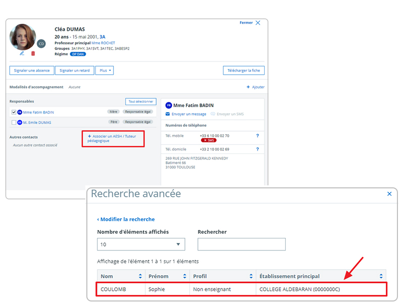 Gestion AESH fiche élève