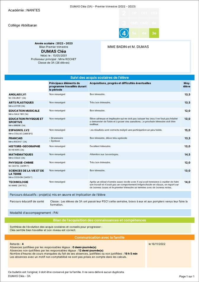 bulletin scolaire périodique des élèves