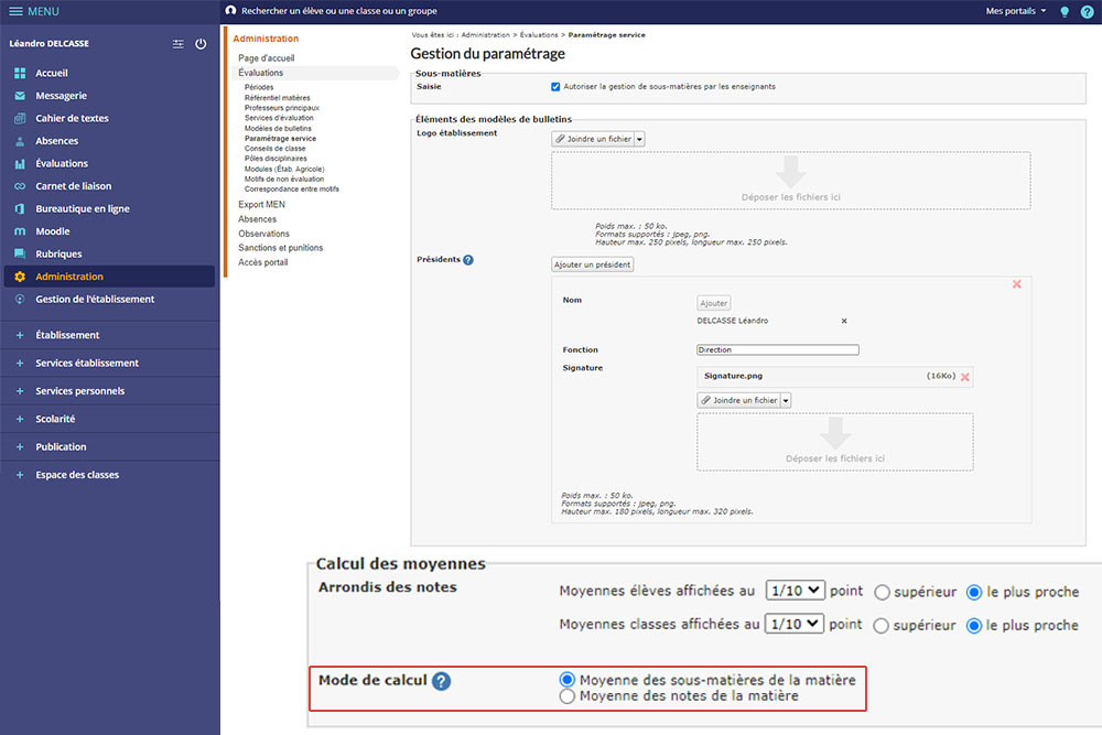 calcul des moyennes sur les bulletins skolengo
