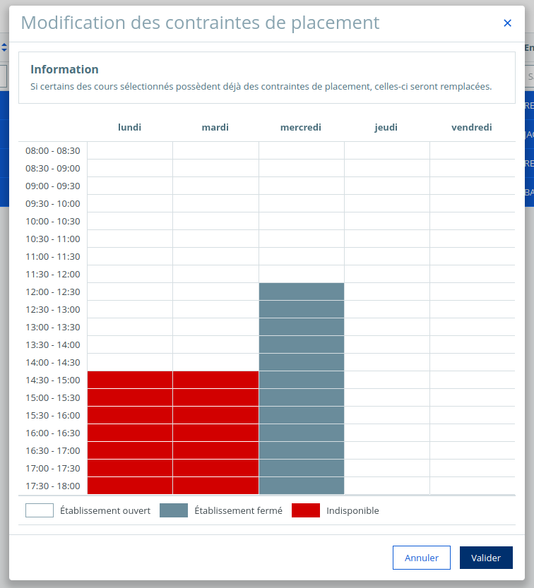 Contraintes de placement Emploi du temps