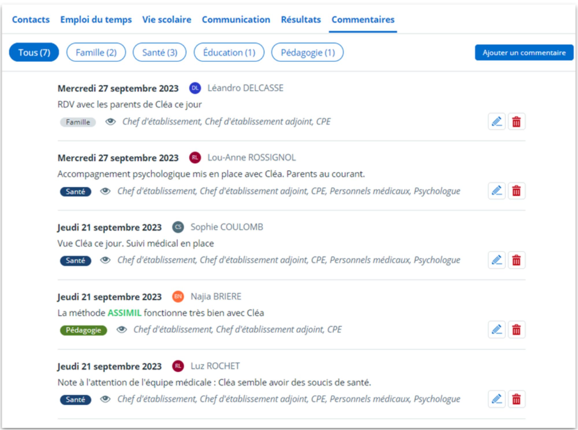 commentaires fiche élève