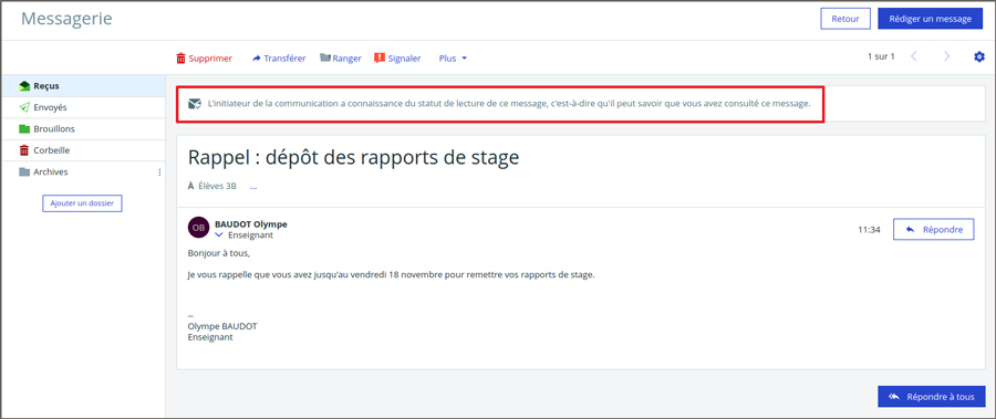 destinataire : réception d'un message sur skolengo avec l'affichage du statut de lecture