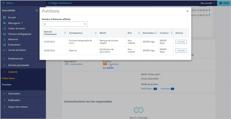 Détails de la punition sur la fiche élève