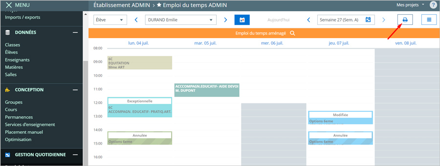 impression de l'emploi du temps