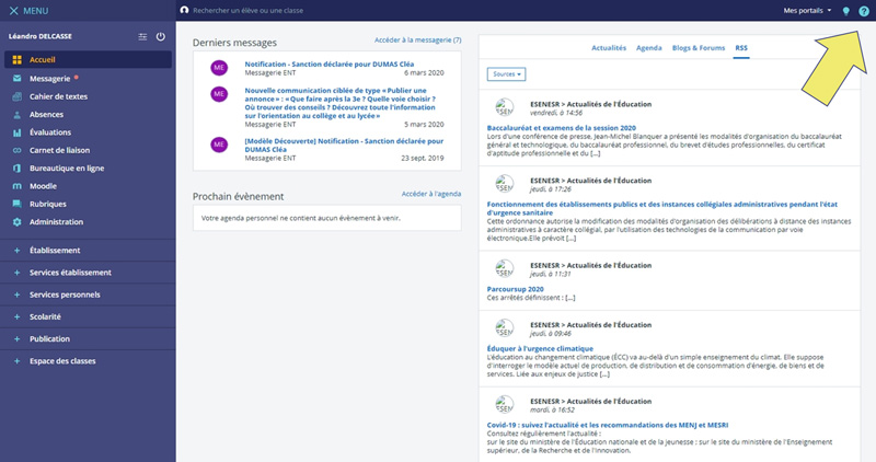 page d'accueil skolengo ENT