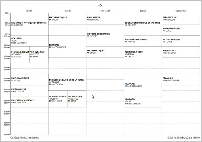 Impression  de l'emploi du temps sans couleur