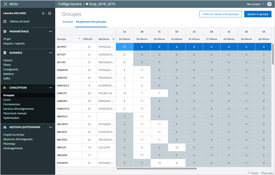 Peuplements des groupes d'élèves - emploi du temps skolengo