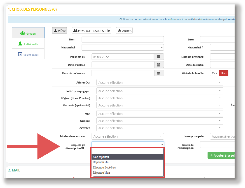 relancer par mail les parents - réinscriptions skolengo gestion