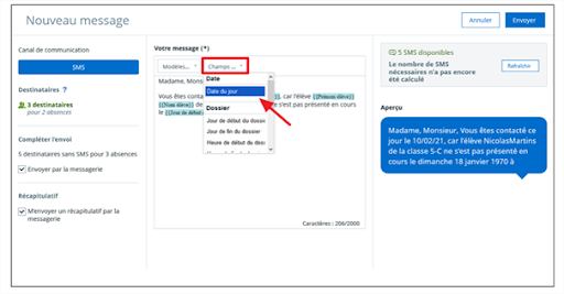 Envoyer un SMS depuis les fiches classes ou élèves