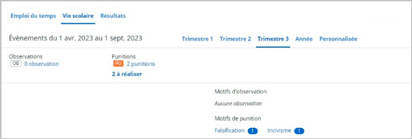 Punitions sur la fiche élève